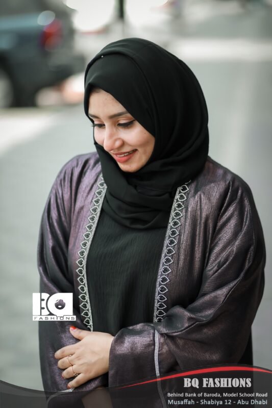 Black Embroidered Border Overcoat Abaya - Women's charcoal grey overcoat with black base and white embroidered border modest Islamic dress