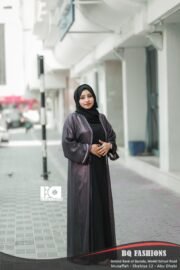 Black Embroidered Border Overcoat Abaya - Women's charcoal grey overcoat with black base and white embroidered border modest Islamic dress