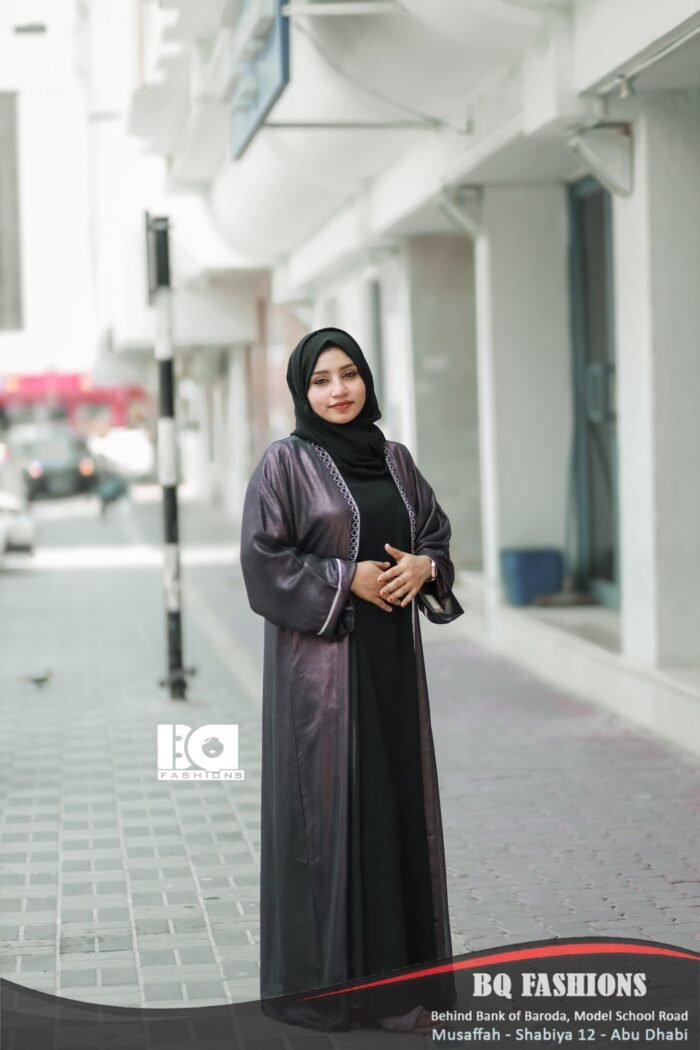 Black Embroidered Border Overcoat Abaya - Women's charcoal grey overcoat with black base and white embroidered border modest Islamic dress