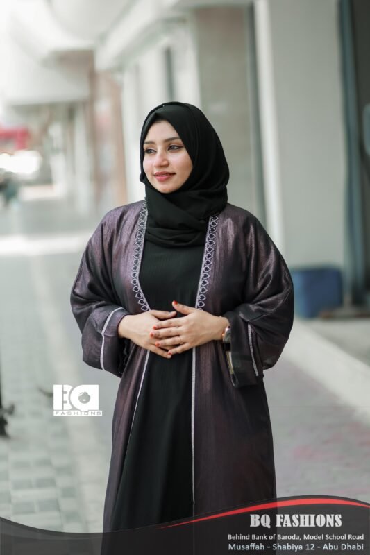 Black Embroidered Border Overcoat Abaya - Women's charcoal grey overcoat with black base and white embroidered border modest Islamic dress