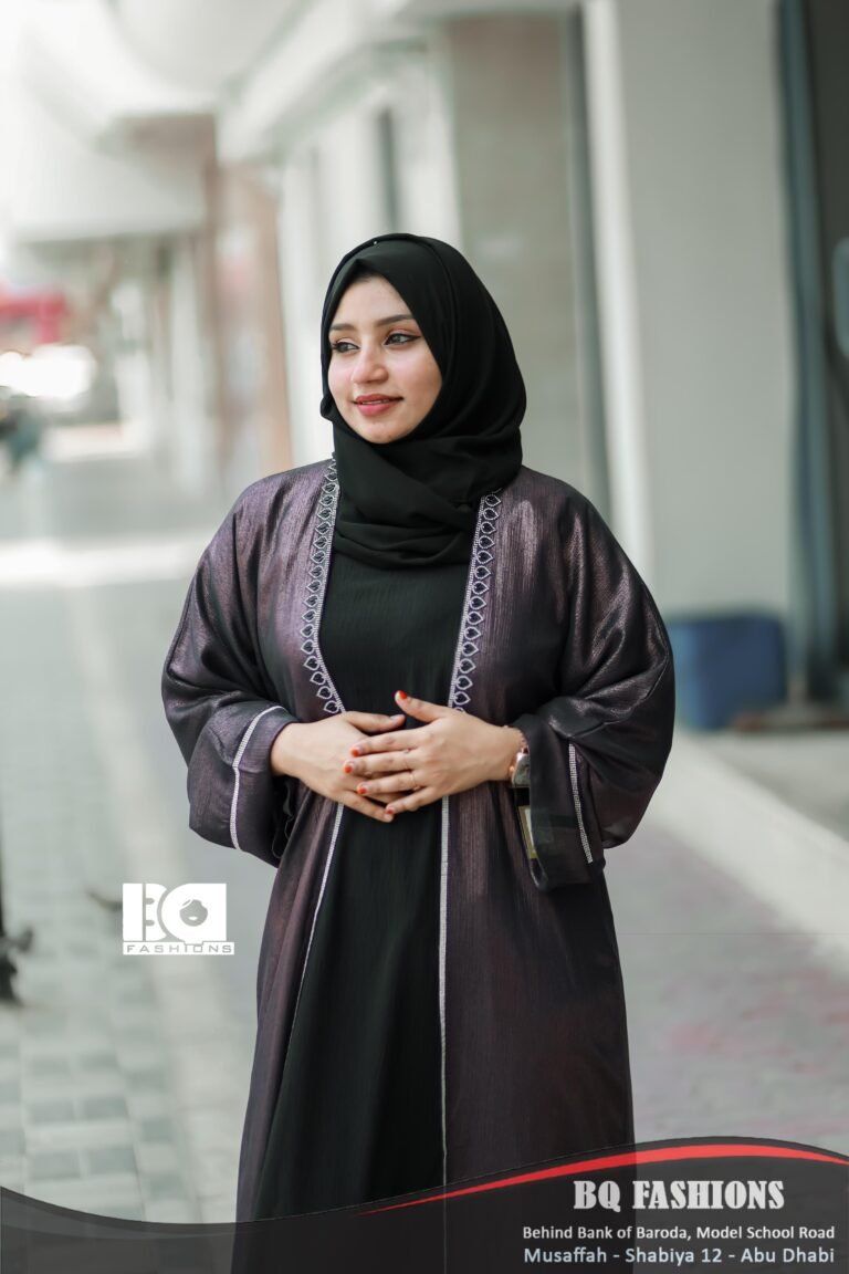 Black Embroidered Border Overcoat Abaya - Women's charcoal grey overcoat with black base and white embroidered border modest Islamic dress
