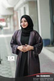 Black Embroidered Border Overcoat Abaya - Women's charcoal grey overcoat with black base and white embroidered border modest Islamic dress