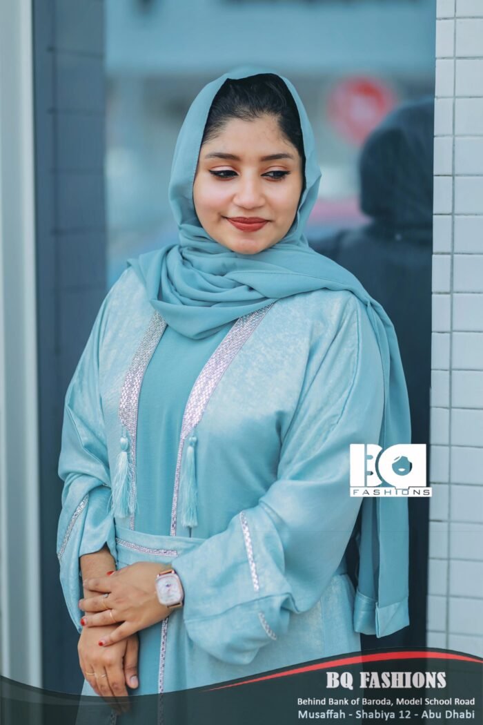 Ocean Breeze Overcoat Abaya - Women's powder blue modest Islamic overcoat with white lace details and matching hijab