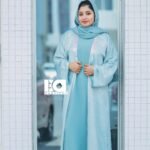 Ocean Breeze Overcoat Abaya - Women's powder blue modest Islamic overcoat with white lace details and matching hijab