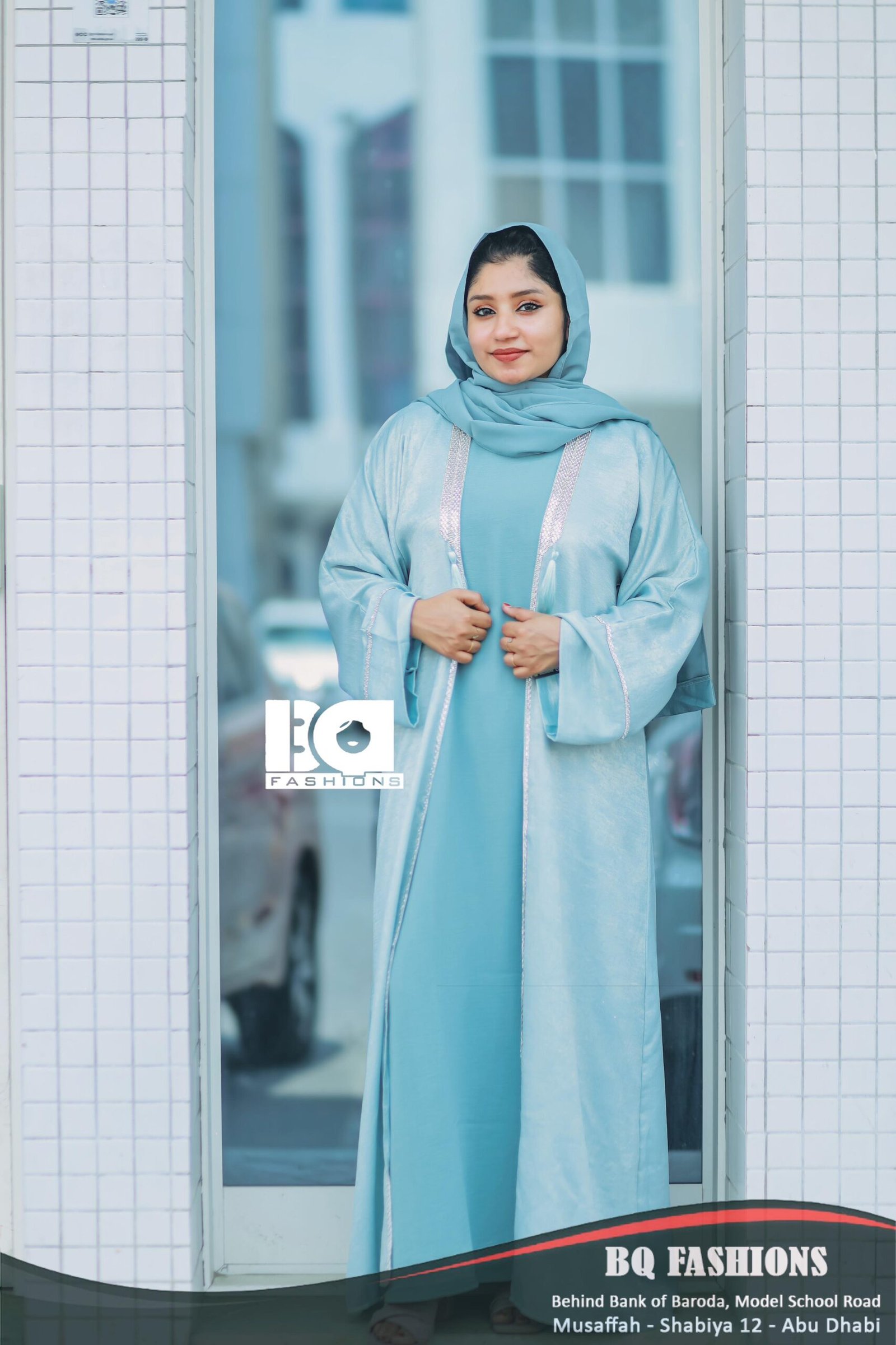 Ocean Breeze Overcoat Abaya - Women's powder blue modest Islamic overcoat with white lace details and matching hijab