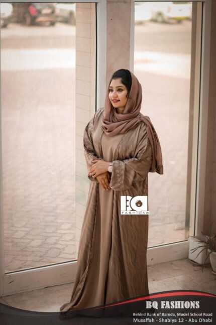 Mocha Silk Elegance Abaya - Women's taupe colored modest Islamic dress with matching hijab