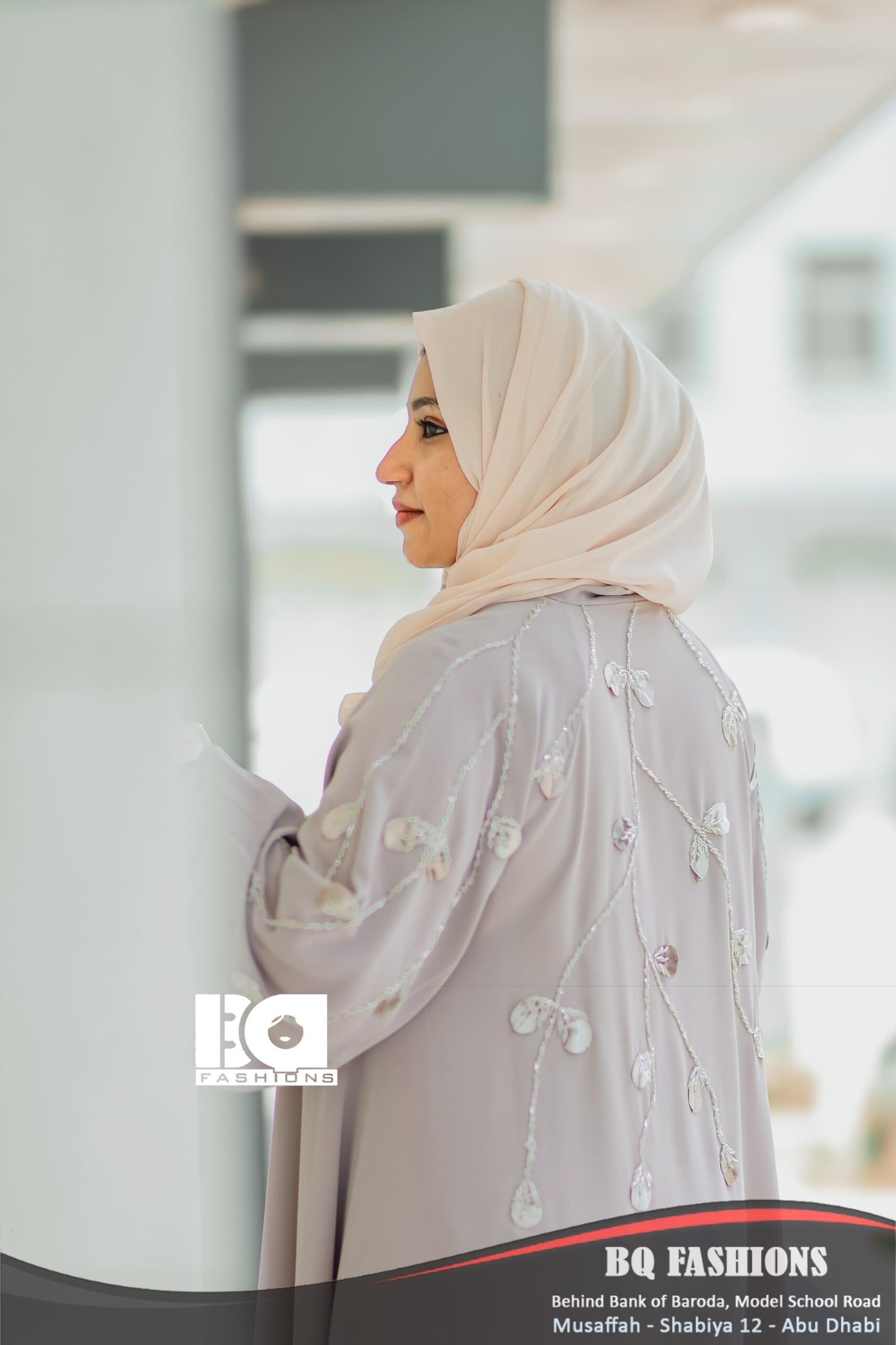 Pearl Grey Button Detail Abaya - Women's soft grey modest Islamic dress with decorative sleeve buttons and cream hijab
