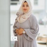 Pearl Grey Button Detail Abaya - Women's soft grey modest Islamic dress with decorative sleeve buttons and cream hijab