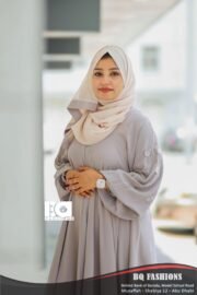 Pearl Grey Button Detail Abaya - Women's soft grey modest Islamic dress with decorative sleeve buttons and cream hijab
