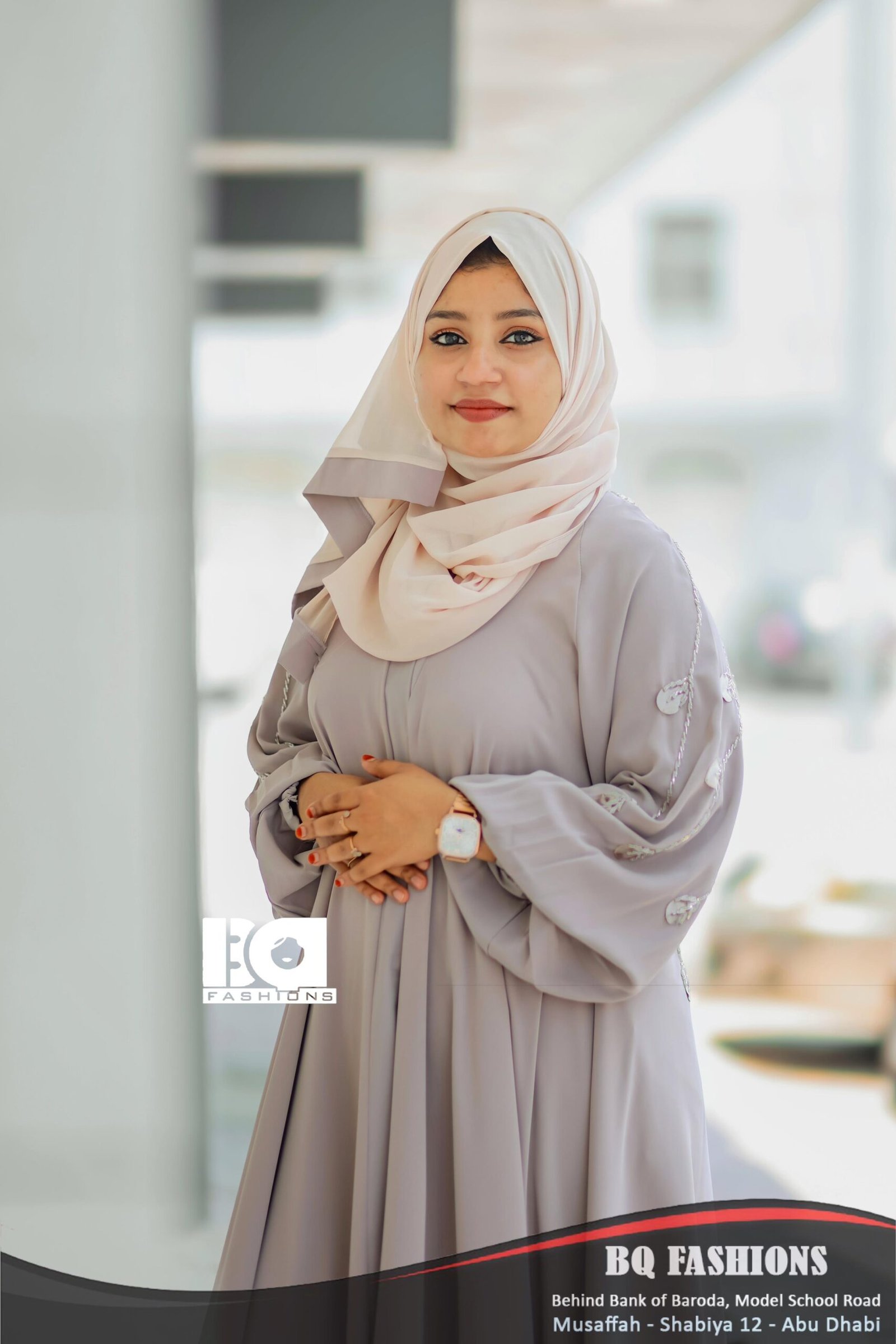 Pearl Grey Button Detail Abaya - Women's soft grey modest Islamic dress with decorative sleeve buttons and cream hijab