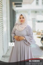 Pearl Grey Button Detail Abaya - Women's soft grey modest Islamic dress with decorative sleeve buttons and cream hijab