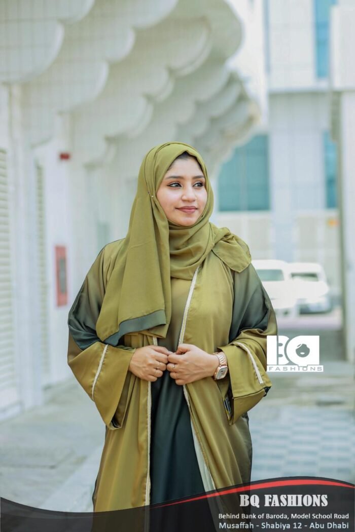 Olive Elegance Overcoat Abaya - Women's olive green modest Islamic overcoat dress with flowing sleeves and open front design