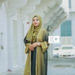 Olive Elegance Overcoat Abaya - Women's olive green modest Islamic overcoat dress with flowing sleeves and open front design