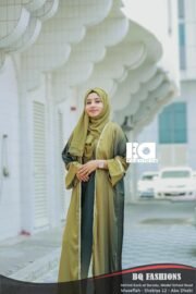 Olive Elegance Overcoat Abaya - Women's olive green modest Islamic overcoat dress with flowing sleeves and open front design