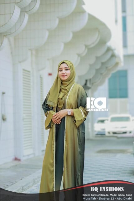 Olive Elegance Overcoat Abaya - Women's olive green modest Islamic overcoat dress with flowing sleeves and open front design