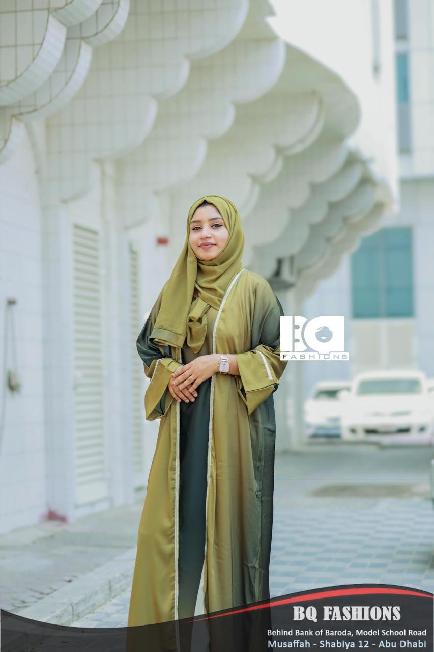 Olive Elegance Overcoat Abaya - Women's olive green modest Islamic overcoat dress with flowing sleeves and open front design