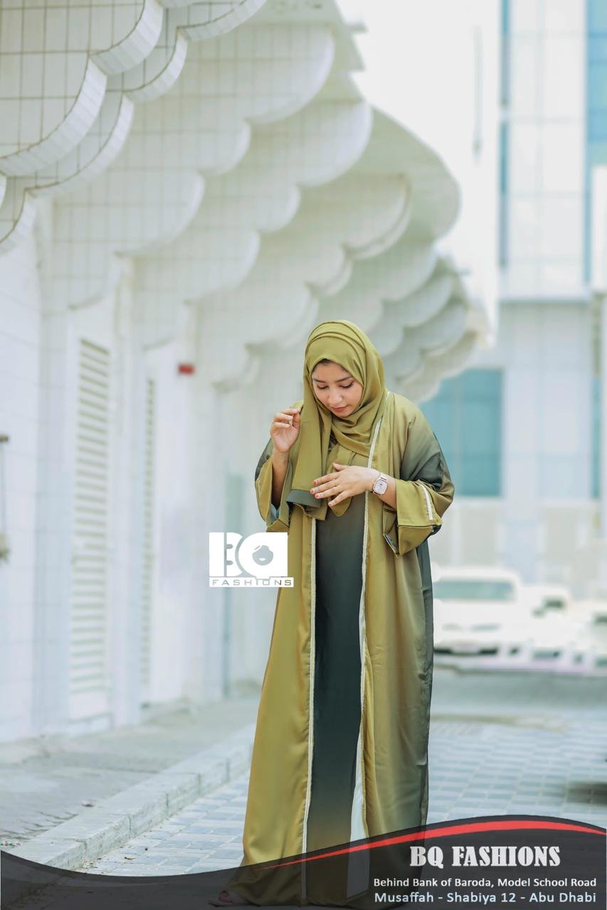 Olive Elegance Overcoat Abaya - Women's olive green modest Islamic overcoat dress with flowing sleeves and open front design